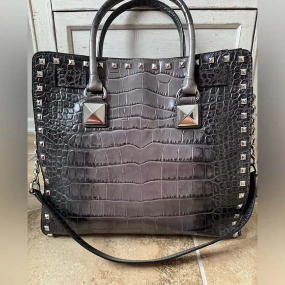 Michael Kors Grey Croc Embossed Hamilton Studded Tote - Picture 9 of 16